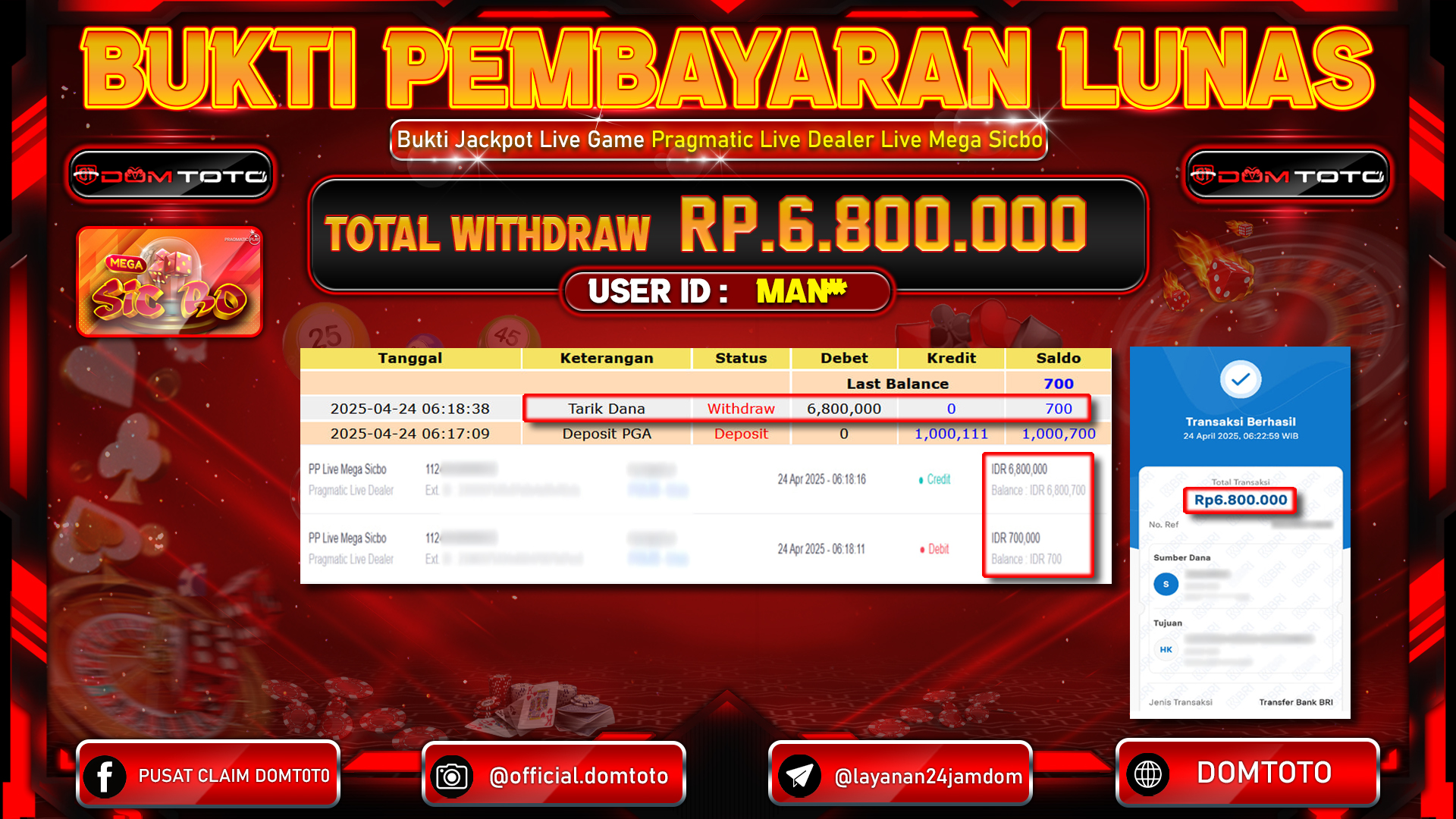 JACKPOT LIVE GAME MEGA SICBO 24 APRIL 2025